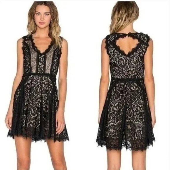 Heartloom Dresses & Skirts - Heartloom Fit and Flare Black Lace Nude Lining Mini Dress size M
